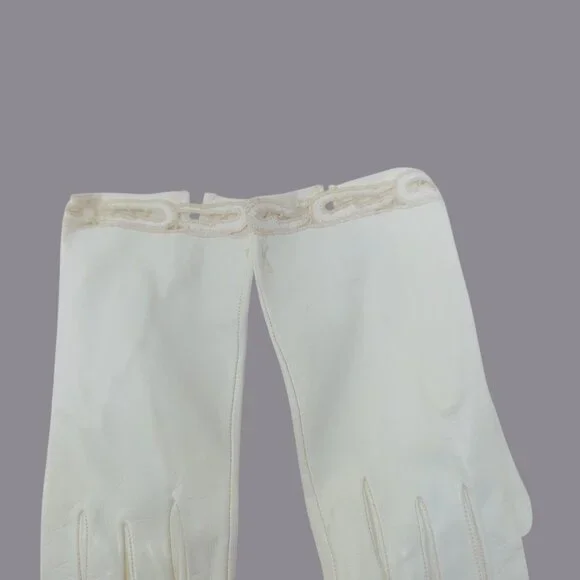 Vintage Antique Leather Gloves White Wrist Lace - Picture 5 of 10